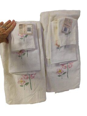 USA Made Cannon 100 % Cotton 3 pc Bath, Hand Towel Washcloth Set Gingham Floral